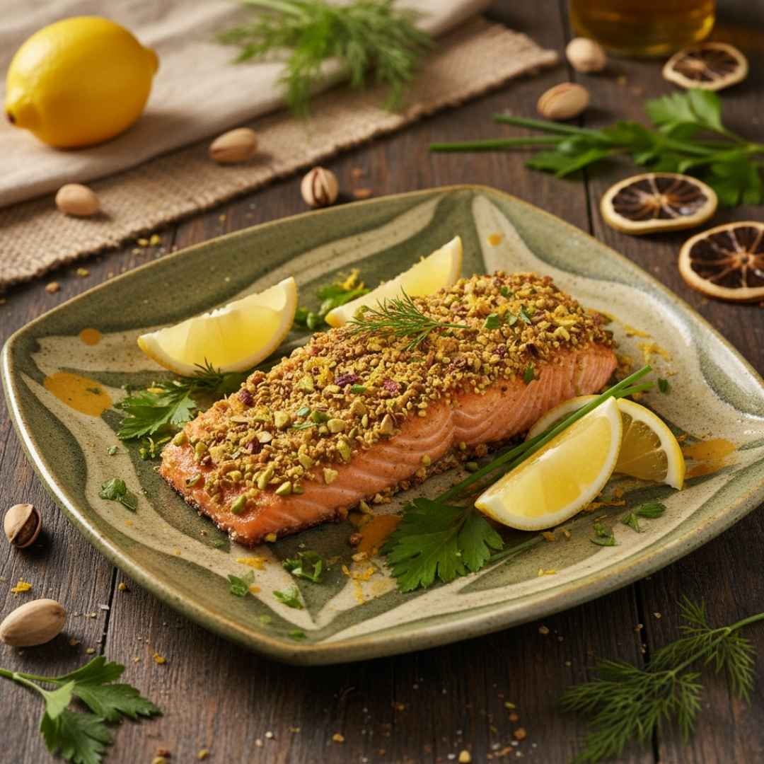 Salmón con costra de pistacho y cítricos