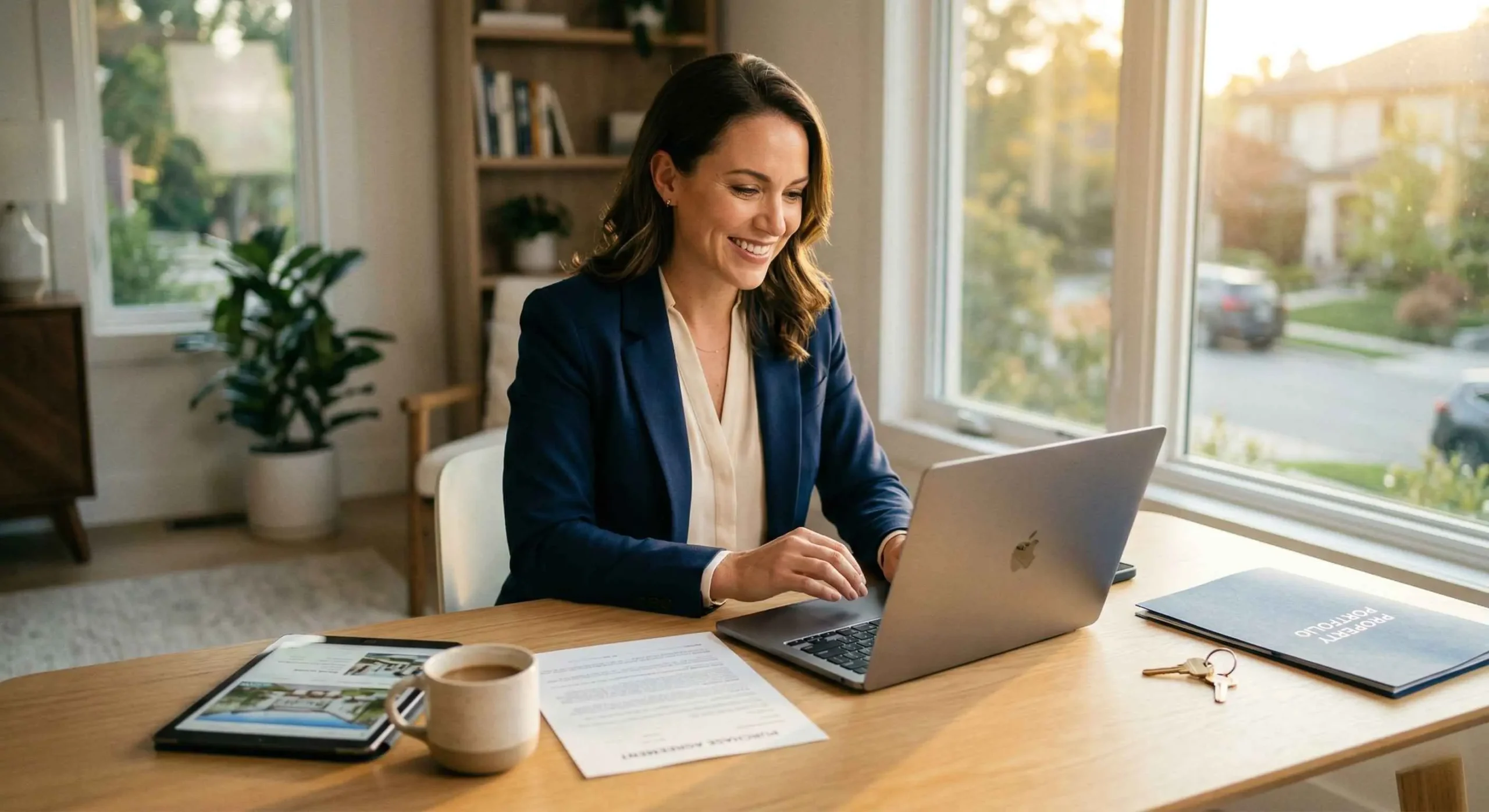 Real estate agent working confidently with AI tools at a modern desk