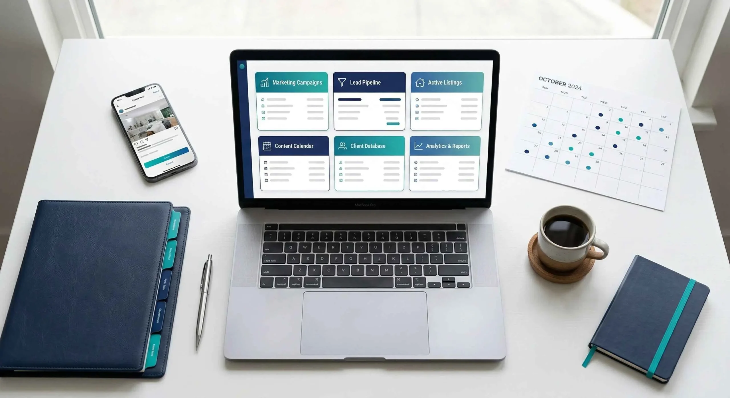 Complete real estate AI workflow system — laptop, calendar, smartphone, and organized folders on a professional desk